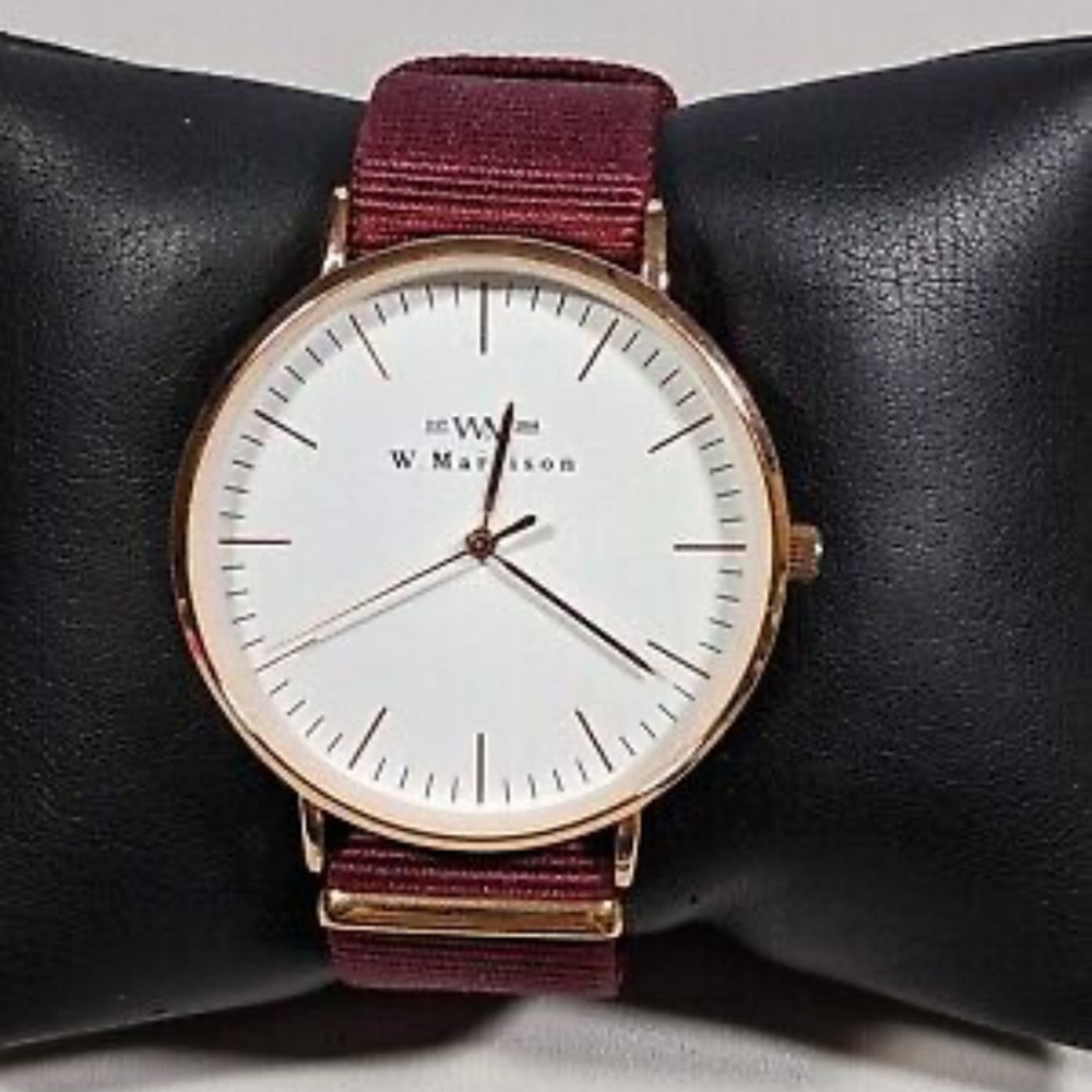W. Marrison White Dial Round Gold Tone Case 42 mm Red Canvas Band Watch